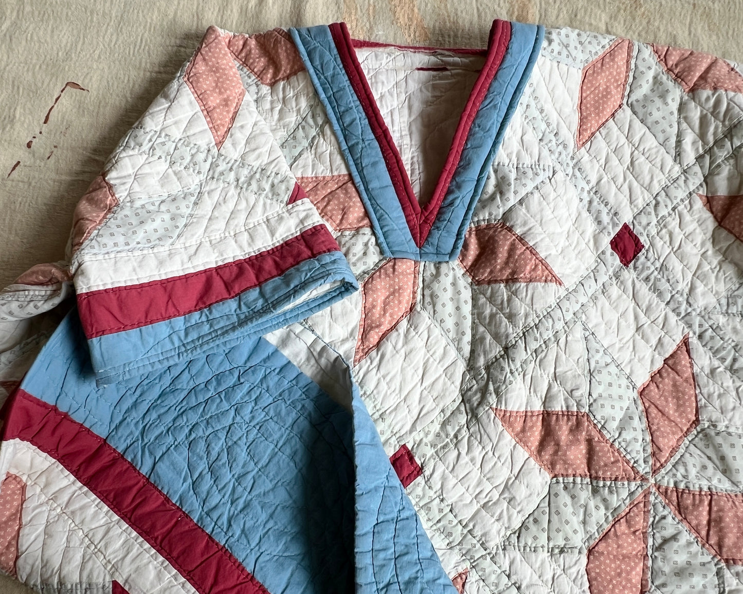 Commissioned Shawl/Poncho/Snuggie - Red/Blue/Cream Pinwheel Quilt