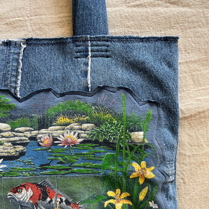 Commissioned Tote Bag - Reworked Denim and Koi Fish graphic