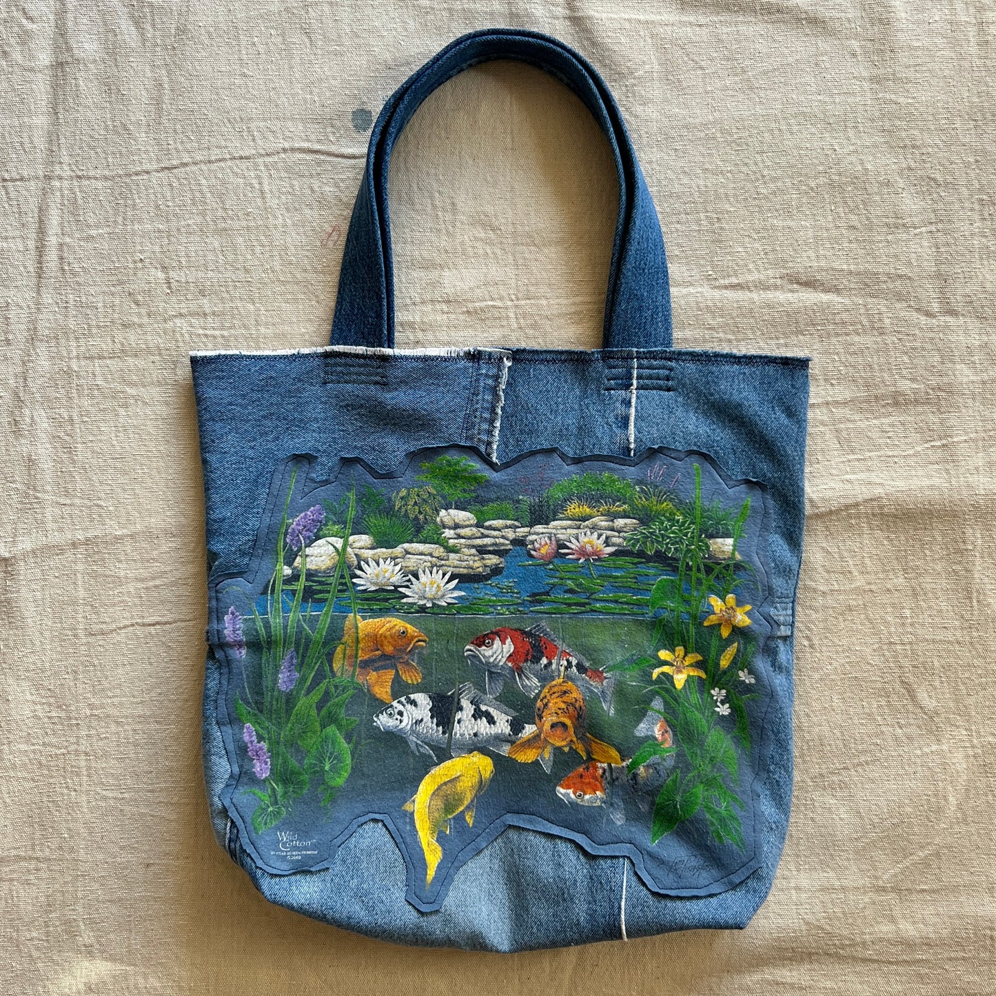 Commissioned Tote Bag - Reworked Denim and Koi Fish graphic