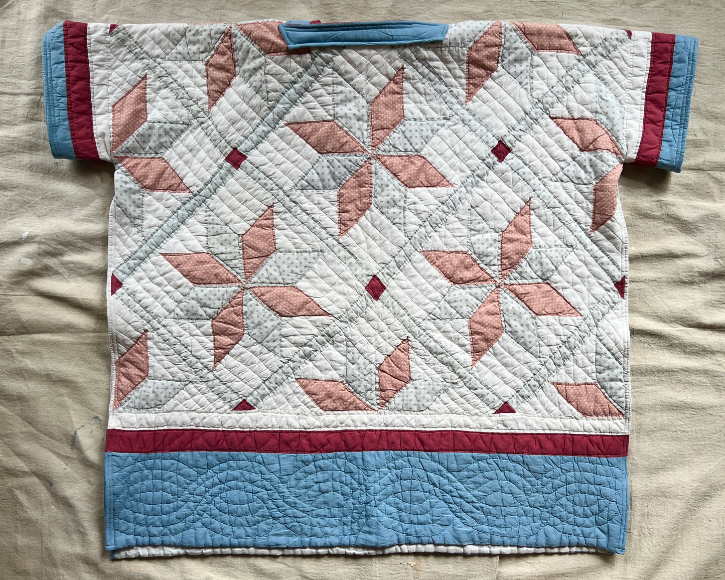 Commissioned Shawl/Poncho/Snuggie - Red/Blue/Cream Pinwheel Quilt