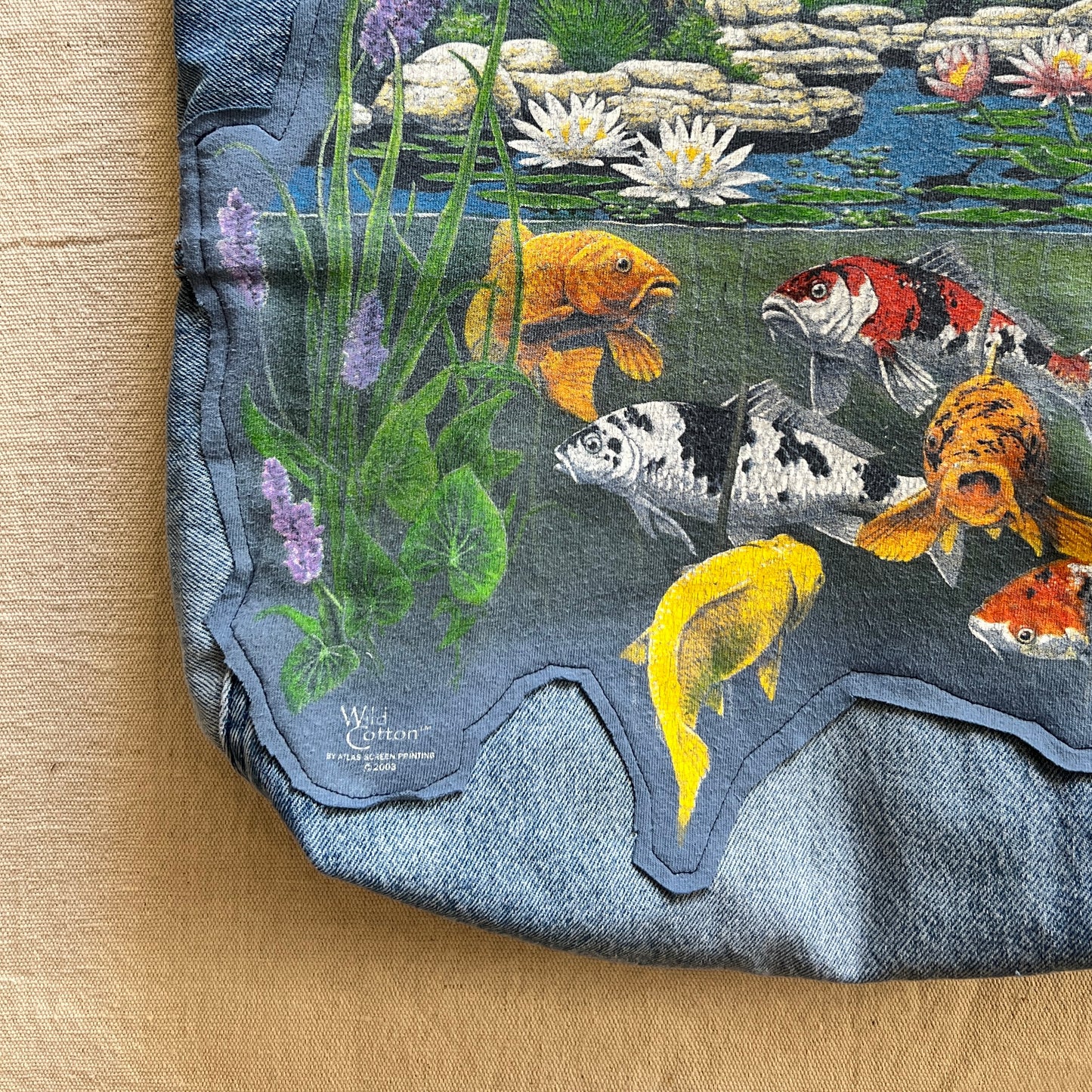 Commissioned Tote Bag - Reworked Denim and Koi Fish graphic