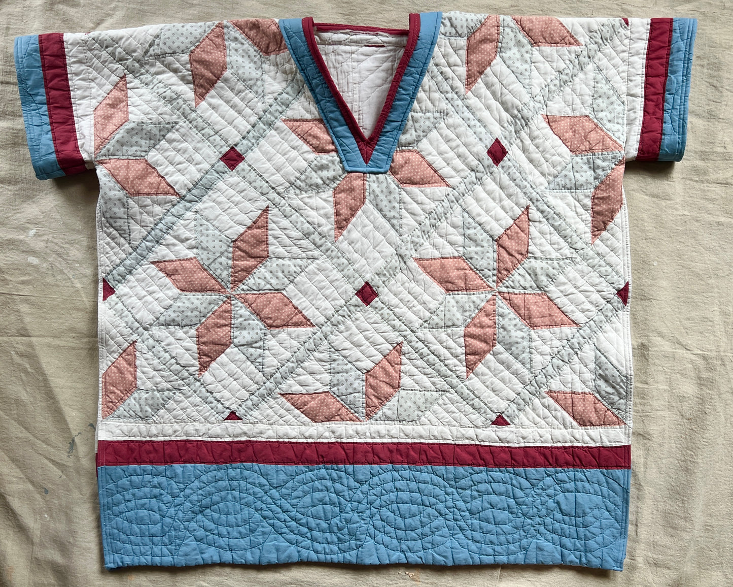 Commissioned Shawl/Poncho/Snuggie - Red/Blue/Cream Pinwheel Quilt